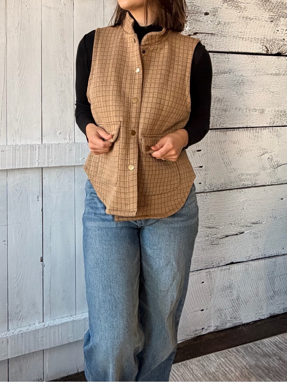 Ruby Rd Petite Plaid Utility Vest Tan Equestrian Preppy PM